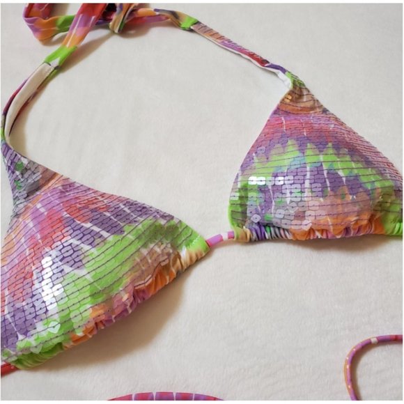 Victoria's Secret rainbow sequin string bikini top Size M with removable padding - Picture 3 of 5
